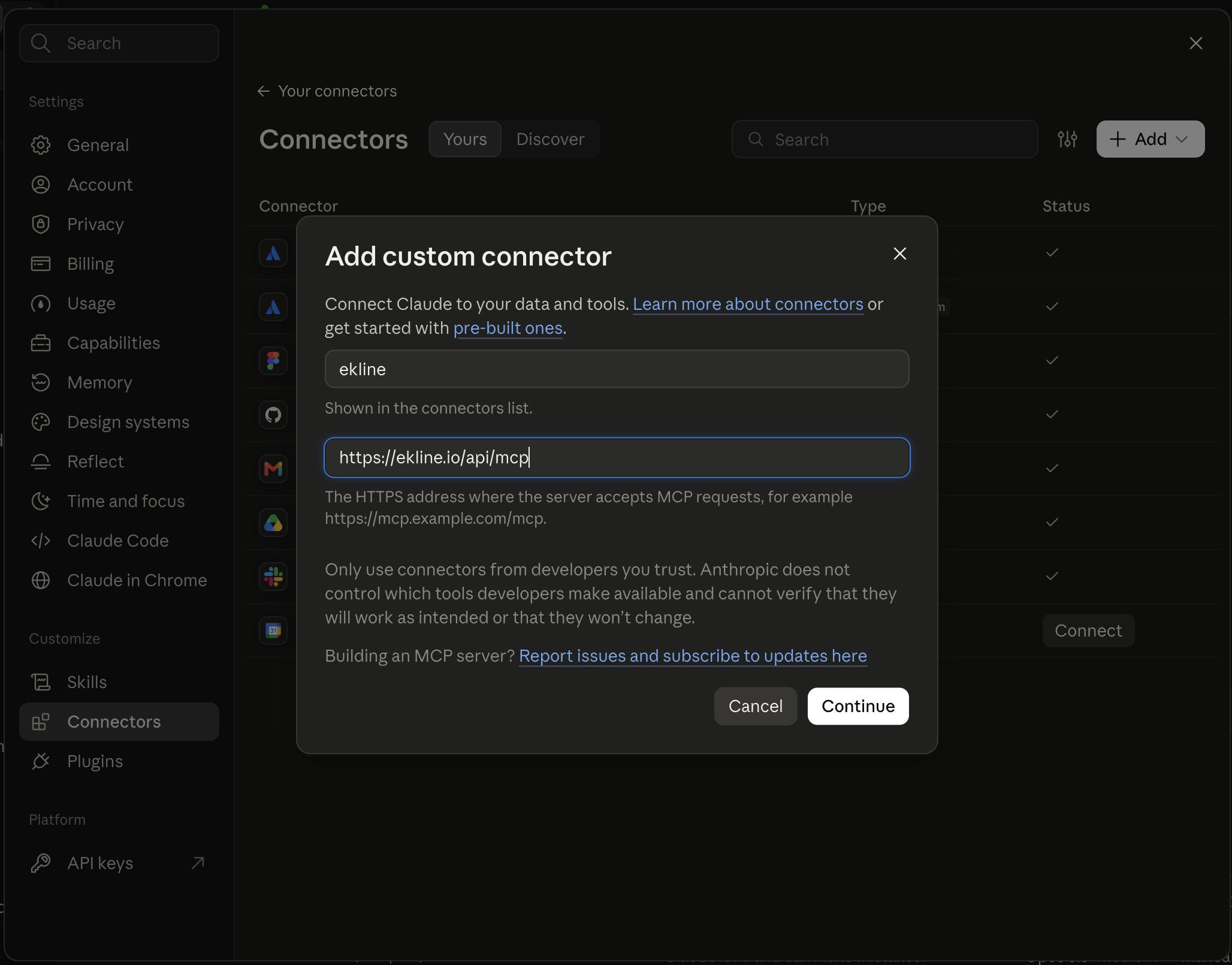 The Add custom connector dialog in Claude settings, with the connector named ekline and the server URL https://ekline.io/api/mcp entered
