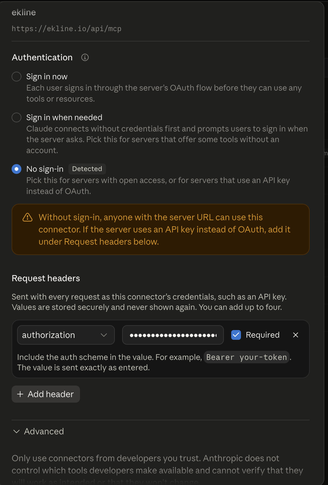 The custom connector authentication panel in Claude with No sign-in selected and an Authorization request header set to a Bearer token