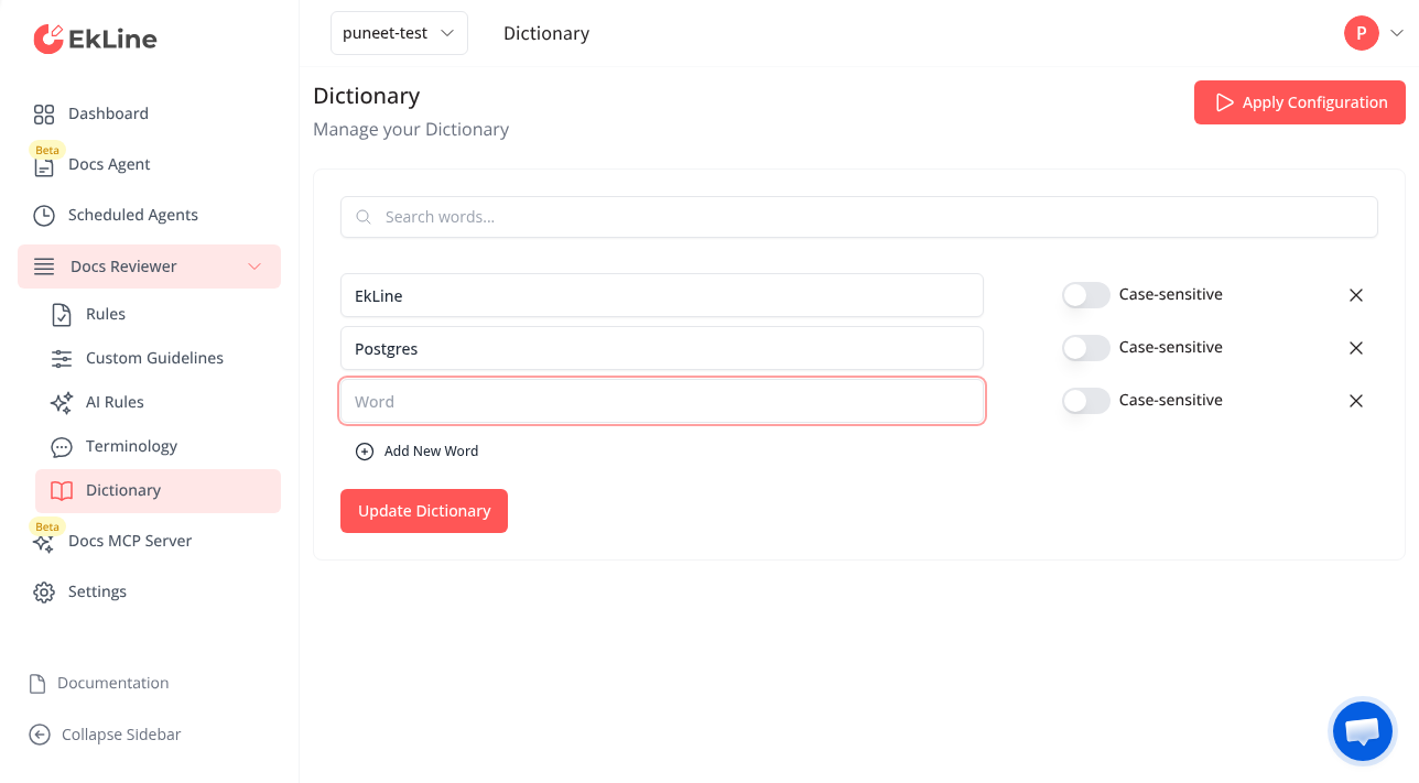 The EkLine dictionary page showing saved words, each with a case-sensitive toggle, an empty Word field, and the Add New Word and Update Dictionary buttons