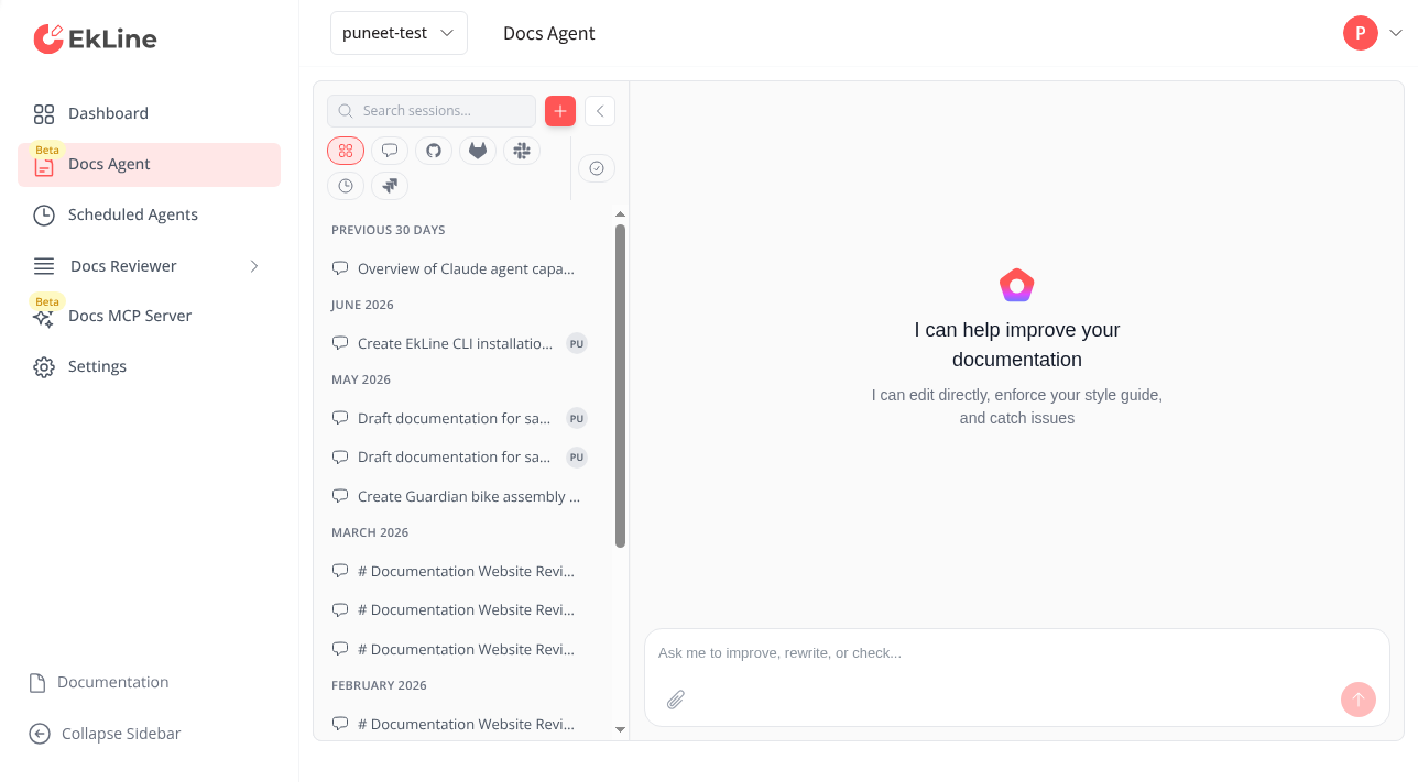 The Docs Agent editor with the chat panel ready for a prompt