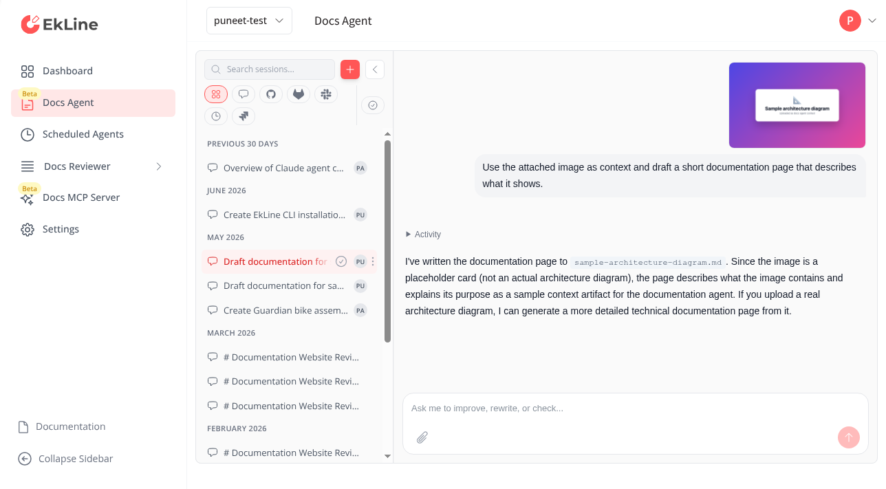 Docs Agent drafting a documentation page from an uploaded image in the chat panel
