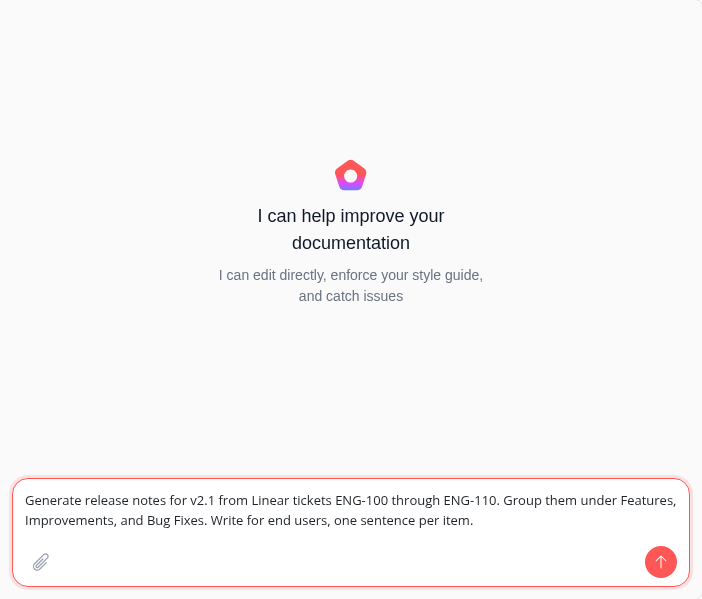 The Docs Agent chat panel with a release-notes prompt that names a ticket range and the output sections