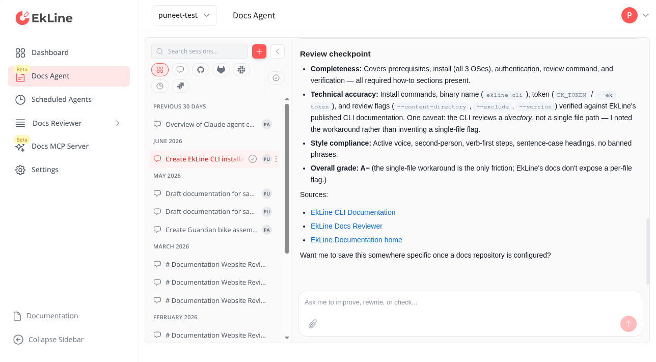 Docs Agent review checkpoint listing completeness, technical accuracy, and style compliance feedback in the chat panel