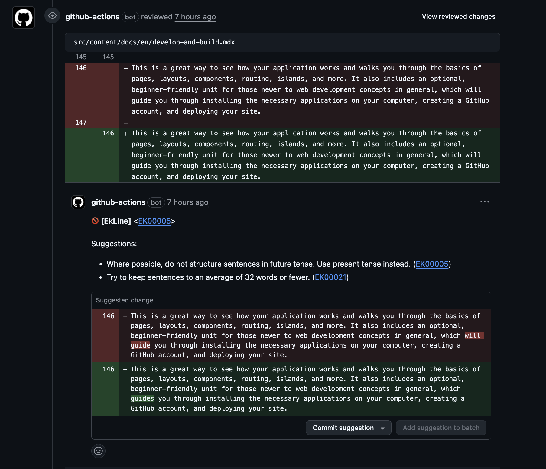 Example of EkLine review comments on a GitHub Pull Request