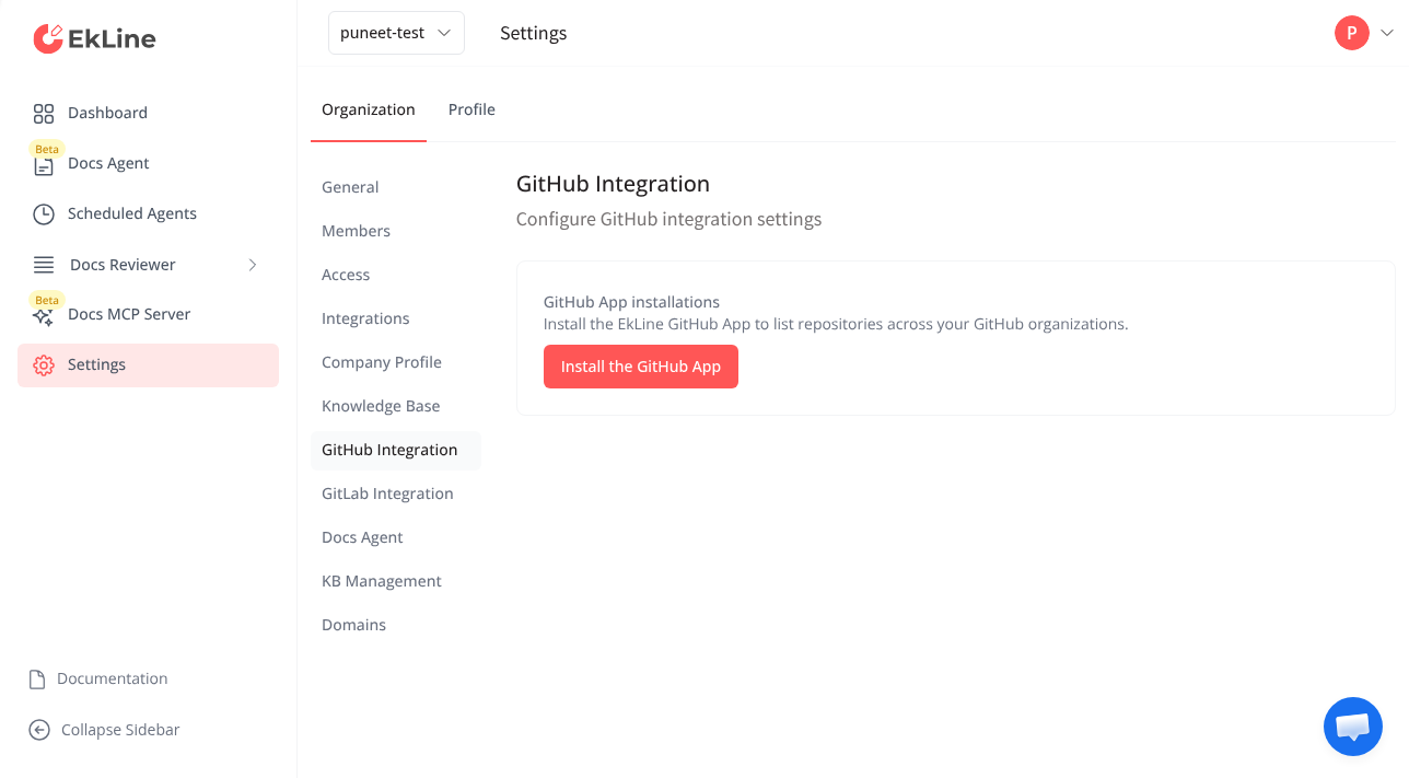 The GitHub Integration settings page under Settings then Organization, showing the GitHub App installations section and the Install the GitHub App button