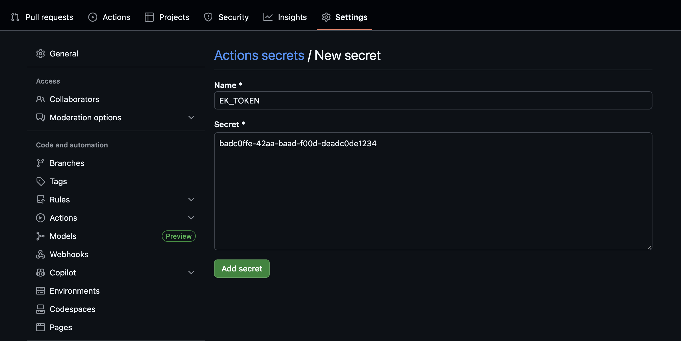 Adding EK_TOKEN to GitHub repository secrets