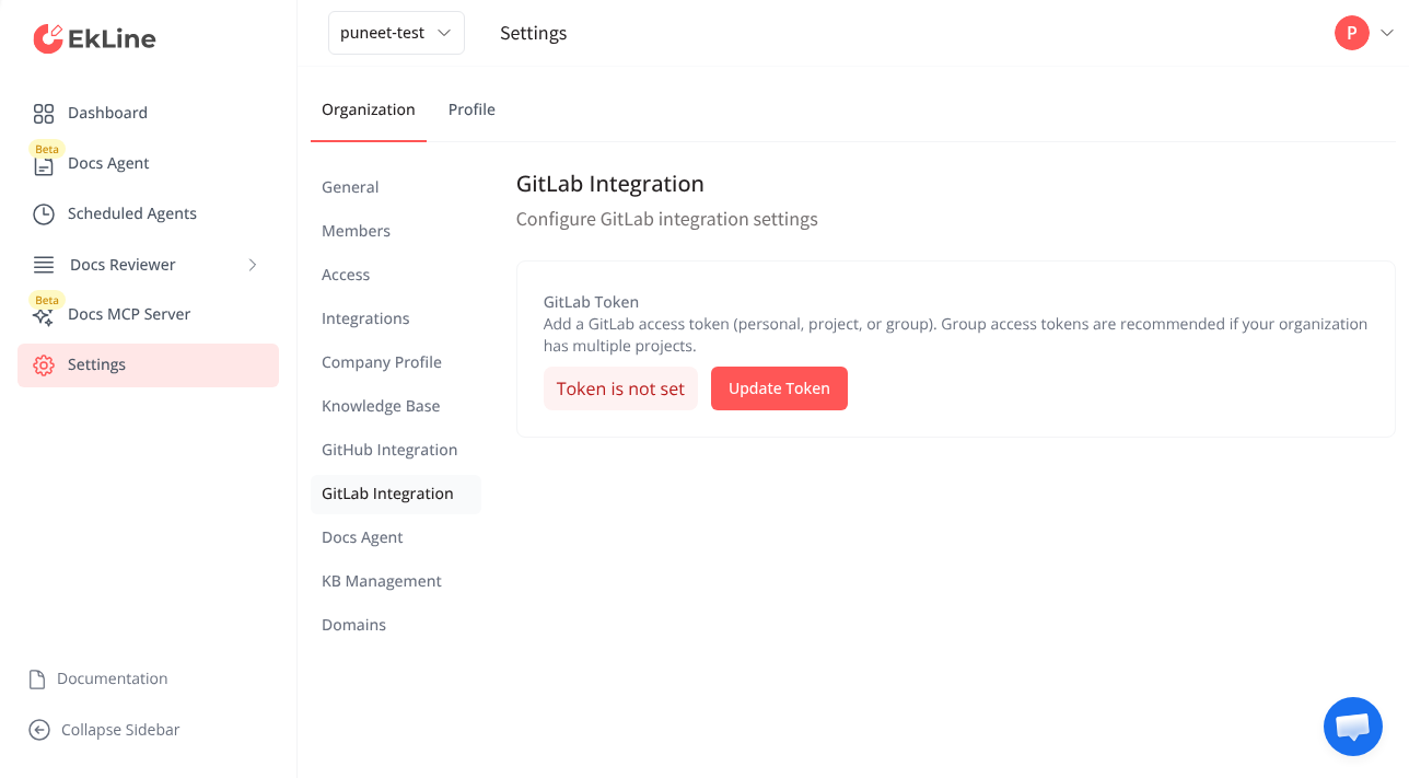 The GitLab Integration settings page under Settings then Organization, showing the GitLab Token section with a Token is not set status and the Update Token button