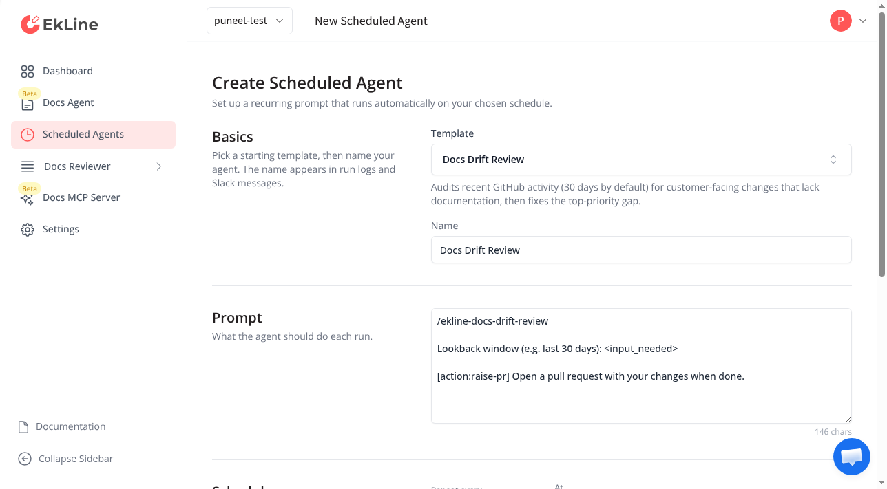 The Create Scheduled Agent form with a template picker set to Docs Drift Review, an auto-filled agent name, and an editable prompt
